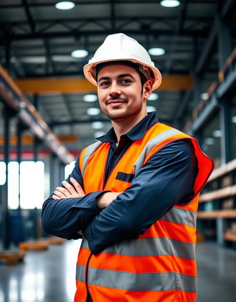 Profissional usando colete de alta visibilidade e capacete de segurança em ambiente industrial